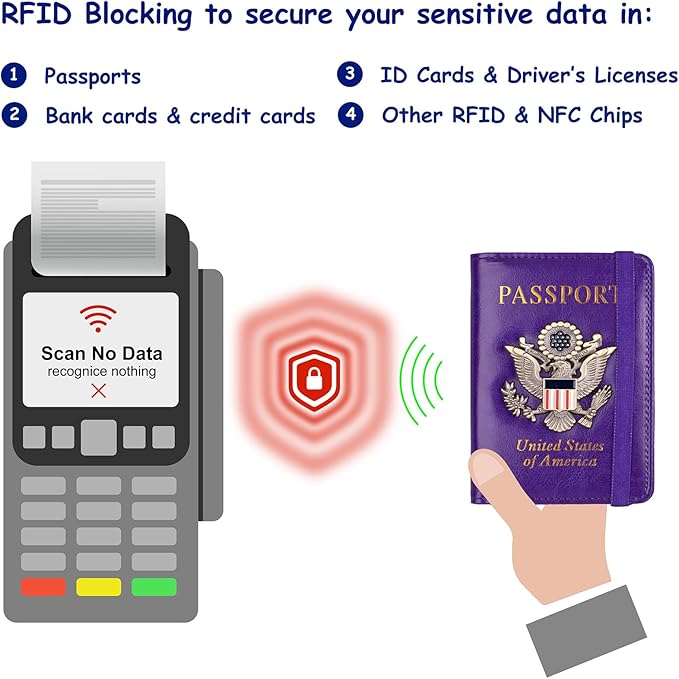 TOURSUIT RFID Blocking Passport Holder for Women Men, Leather Passport Travel Wallet with Metal 3D Metal Badge, Travel Document Holder Cover Accessories (Purple)
