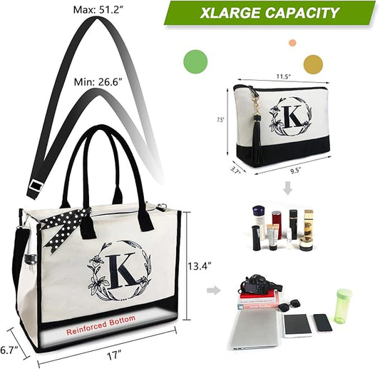 BeeGreen Embroidery Monogram Initial Tote Bag for Women Teacher Mom Friend Personalized Gift for Birthday Beach Work Wedding