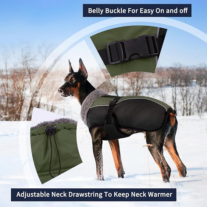 IECOii Dog Winter Coat Reflective Adjustable Dog Jacket Dog Coat with Buckle Fleece Turtleneck for Cold Weather Soft Winter Coat for Small Medium Extra Large Dogs, Army Green