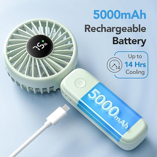 PANERGY Portable Handheld Fan, 5000mAh Rechargeable, 14H Max Cooling Time, 4 Gear Wind & LED Display, 90° Foldable Design, 3-IN-1 Mini Fan for Travel Working Concerts Makeup - Green