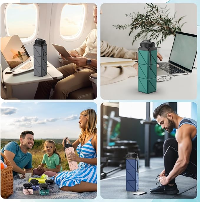 2pcs Collapsible Water Bottles 20.6oz Foldable Water Bottle BPA Free Reusable Lightweight LeakProof Travel Silicone Water Bottles for Travel Gym Hiking Camping Cycling Yoga Sports Outdoor