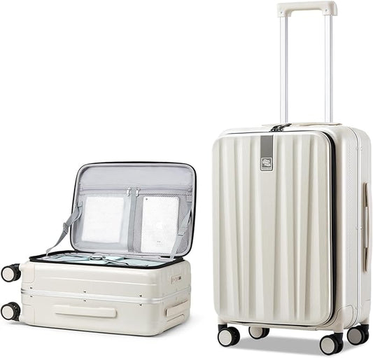 Hanke 24 Inch Checked Luggage PC Hard Case Luggage Top Opening Aluminum Frame Travel Luggage Suitcases with Wheels for Woman Men.(Ivory white)