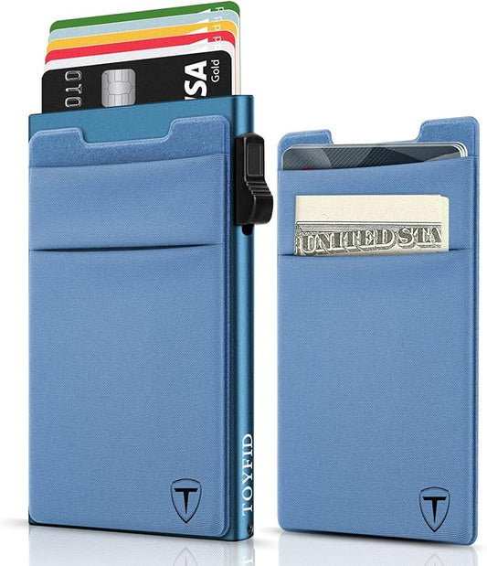 Slim Wallet for Men and Women,Pop Up Credit Card Wallet Metal Minimalist Cards Holder with Money Pocket,Small Ultralight Aluminum RFID Blocking Wallets 6-12 Card Capacity,Navy Blue