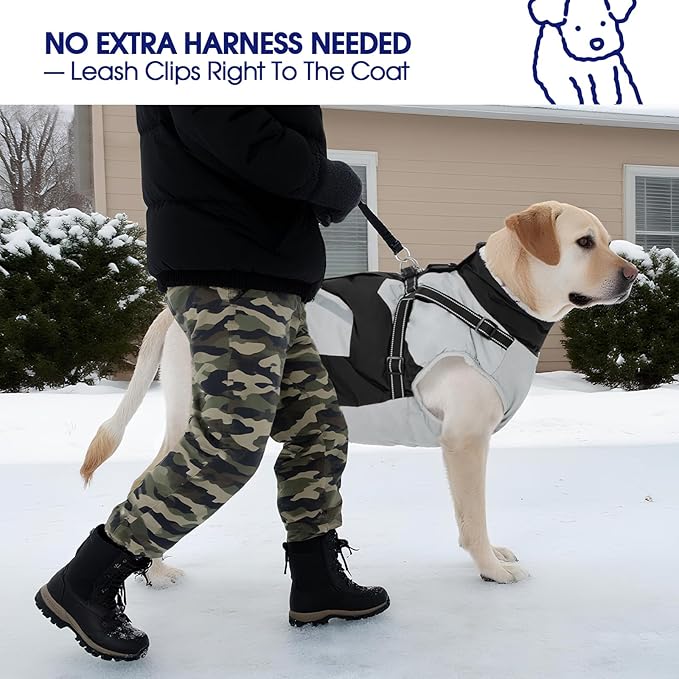 FUAMEY Dog Winter Jackets for Large Dogs,Dog Coat with Harness Built in,Waterproof Dogs Snowsuits Warm Pet Jacket Zip Up Fleece Cold Weather Coats Reflective Puppy Vest with Pocket Black L