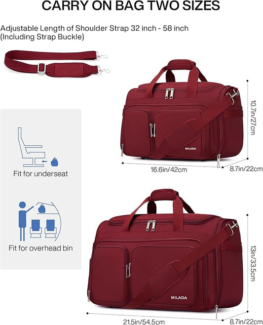 MILADA Underseat Carry On Luggage Bags for Travel Lightweight Foldable Carry On Bags for Airplanes Small Duffle Bag for Men Women Personal Weekend Overnight Travel Tote Bags, Burgundy
