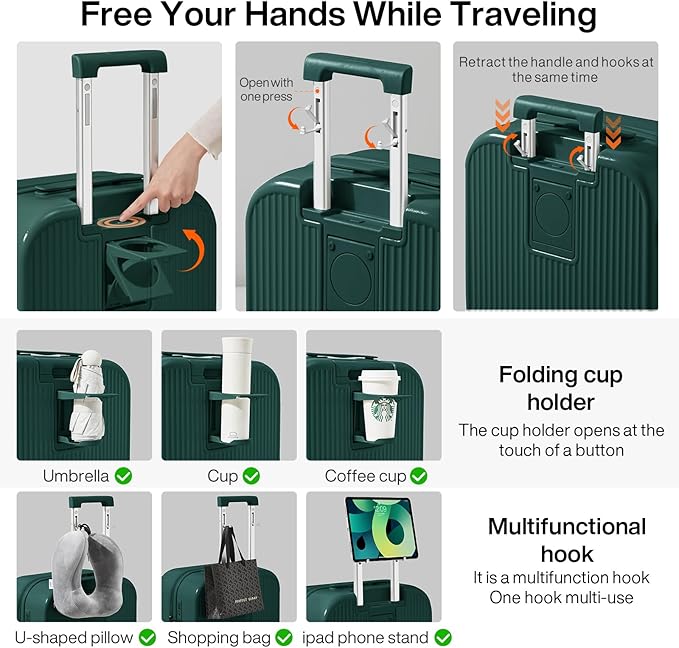 mixi Carry On Luggage with Cup Phone Holder Hard Shell Rolling Travel Suitcases with Spinner Wheels,20 Inch Blackish Green