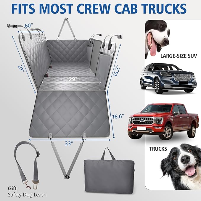 XL Truck Back Seat Extender for Dogs, Dog Seat Cover Back Seat Supports 420lbs, Hard Bottom Pet Seat Covers for Crew Cab Trucks, Dog Hammock for F150, RAM1500, Sierra, Tundra, Silverado, Titan Grey
