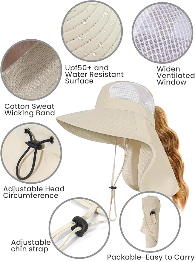 Sun Hats for Women UV Protection with Neck Flap Wide Brim Beach Hats with Ponytail Hole for Hiking Fishing Gardening Travel