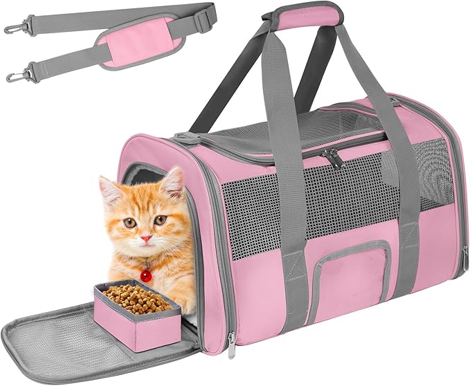 Soft - Sided Pet Carrier for Cats and Small Dogs, Airline - Approved, Pink Travel Tote with Mesh Windows, Foldable Bowl, Shoulder Strap, Oeko - TEX Certified
