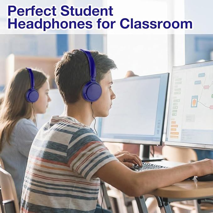 Yunsailing 6 Pack Classroom Headphones Bulk Student Wired Class Headphones Set for School with Individually Wrapped Adjustable Over Ear Head Earbuds (Navy Blue)