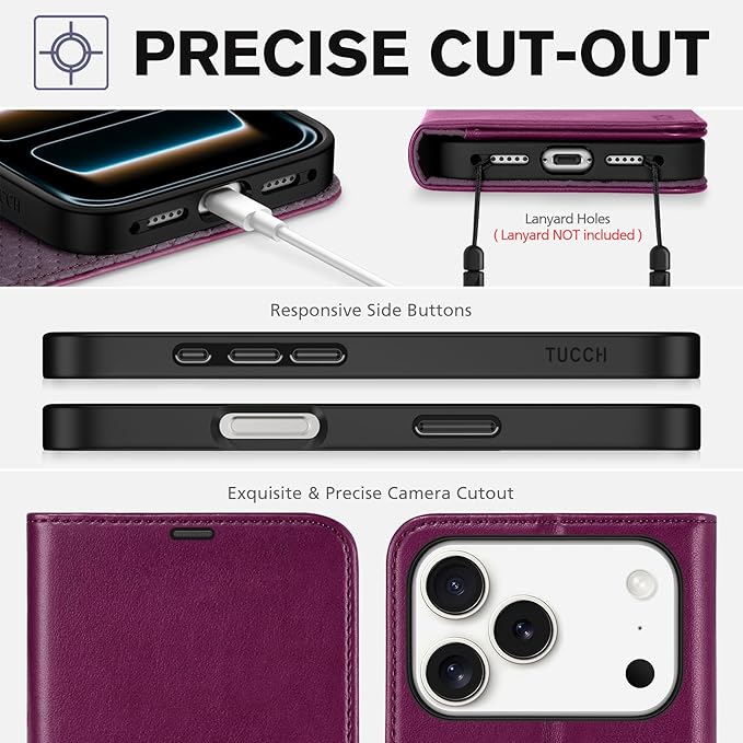 TUCCH Wallet Case for iPhone 17 Pro (6.3") 2025, RFID Blocking 4 Card Holders | Kickstand | Shockproof TPU Shell | PU Leather | Magnetic Closure | Protective Flip Folio Cover | Plum Purple