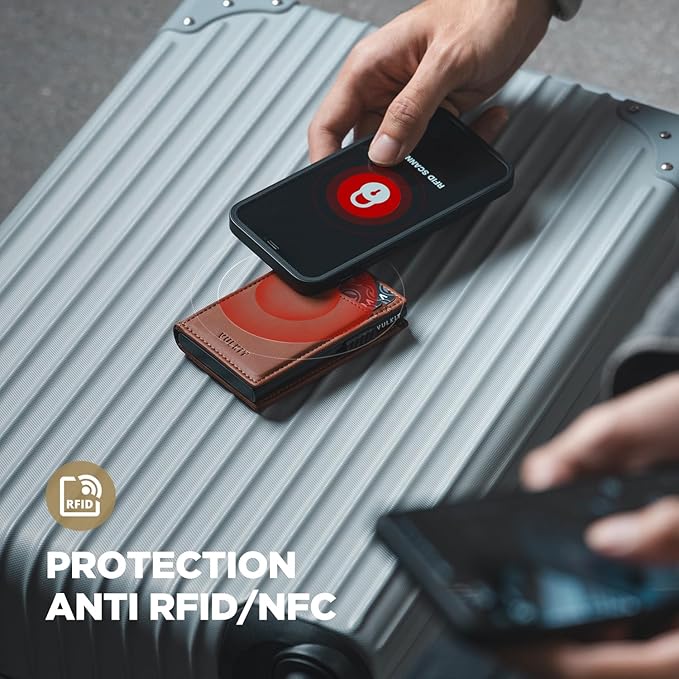 VULKIT Men's Wallet with ID Window Premium Leather Wallets RFID Blocking Minimalist Wallet Pop Up Card Holder Magnetic Closure