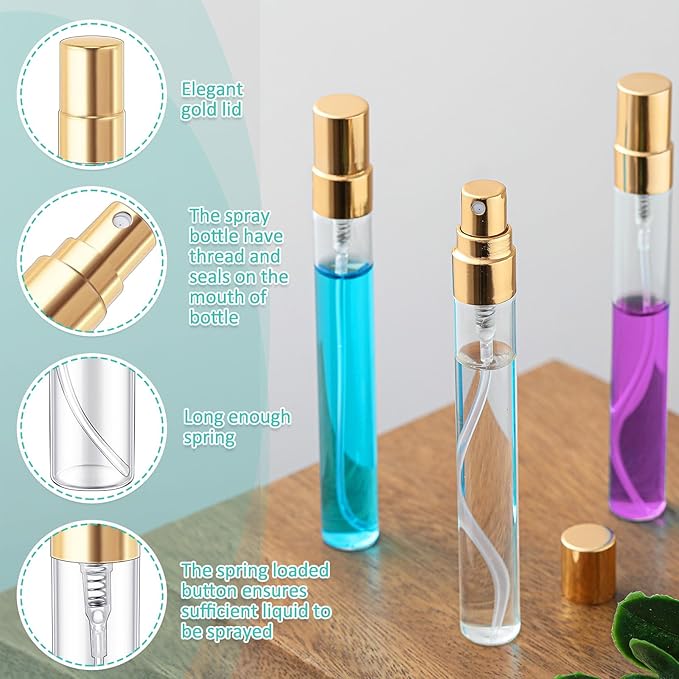 Zhehao 75 Pcs Mini Spray Bottles 10 ml Clear Glass Perfume Bottles Refillable Fine Mist Perfume Atomizer Portable Empty Sample Containers for Cleaning, Essential Oils, Travel (Gold Cap)