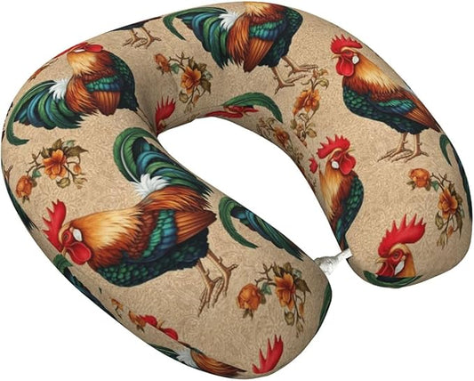 Neck Pillow Memory Foam Chin Cushion with Breathable Cover Retro Rooster, Cute Airplane Car Pillows for Office Head Pain Relief