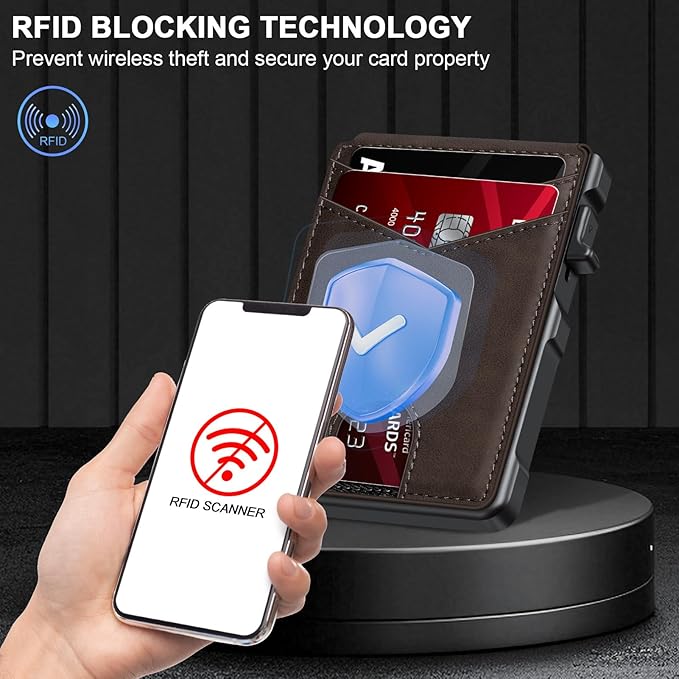 Airtag Wallet for Men, Mens Smart Wallet for Air Tag RFID Blocking, Minimalist Bifold Pop Up Aluminum Credit Card Case Holder 12+ Cards with ID Window, Gift for Men, No Airtag Included, Coffee Brown