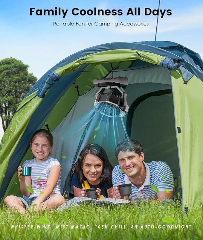 Misting Fan - Portable Battery Powered Fans with 9oz Water Tank, Light, Hook - Rechargeable, 120H Cooling, Last 5H Mist, 4 Speed, Sleep Mode - Outdoor Fan, for Camping, Travel Essentials