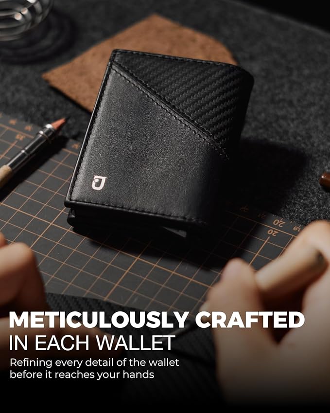 Jenoss Smart Wallet For Men: Full Grain Leather, Handcrafted, Slide Metal Pop Up Grey Case, Slim RFID Blocking Credit Card Holder, Minimalist Compact 12 Cards Slot Organizers ID Money Clip (Carbon)