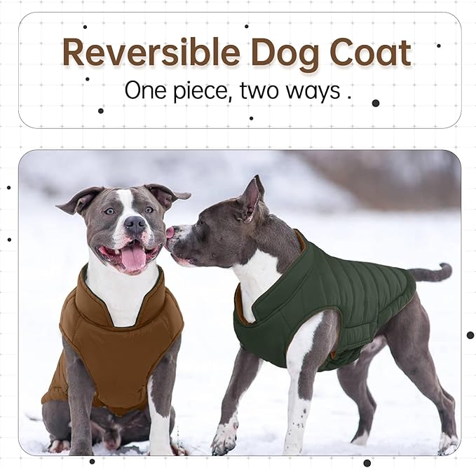 Lelepet Reversible Dog Coat Waterproof Dog Jacket Windproof Puffer Vest for Winter Warm Lightweight Coats for Small Dogs Adjustbale Hook & Loop Pet Apparel with Leash Hole, Pug, Brown, M