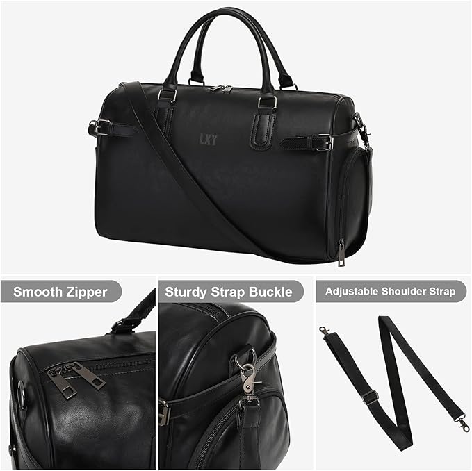 Vegan Leather Duffle Bag, LXY Travel Duffle Weekender Bag with Shoe Compartment, Duffel Overnight Gym Bags for Women Men Black