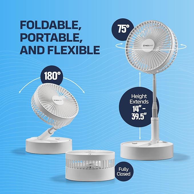 8" Foldable Fan, Oscillating 4 Speed Portable Fan Adjustable Height 14”–40", Remote Controlled folding Fan with 10,000mAh Rechargeable Battery, Quiet Floor Fan For Bedroom, Great Fan For Travel