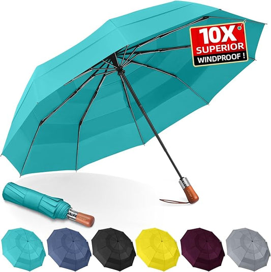 Umbrellas for Rain, 47" Large Windproof Travel Umbrella, Triple-Layer Vented Canopy, 10 Fiberglass Ribs, Auto Open Close Compact Umbrella, Wooden Handle, Heavy Duty for Commute, Gifts for Men & Women