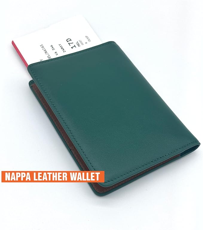 Passport holder for travel, Genuine Nappa Leather Passport Cover with RFID blocking. A must-have Airport Travel safety essentials for both men and women.(Green/Brown)