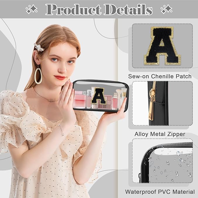 Personalized Initial Letter Clear Makeup Bag,Preppy Small Nylon&PVC Cosmetic Zipper Bag with Chenille Letter,Travel Skincare Toiletry Bag,Monogram Christmas Gift for Teen Girls Women,A