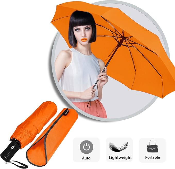 SIEPASA Windproof Travel Compact Umbrella-Automatic Umbrellas for Rain-Compact Folding Umbrella, Travel Umbrella Compact, Small Portable Windproof Umbrellas for Men Women Teenage. (Orange)