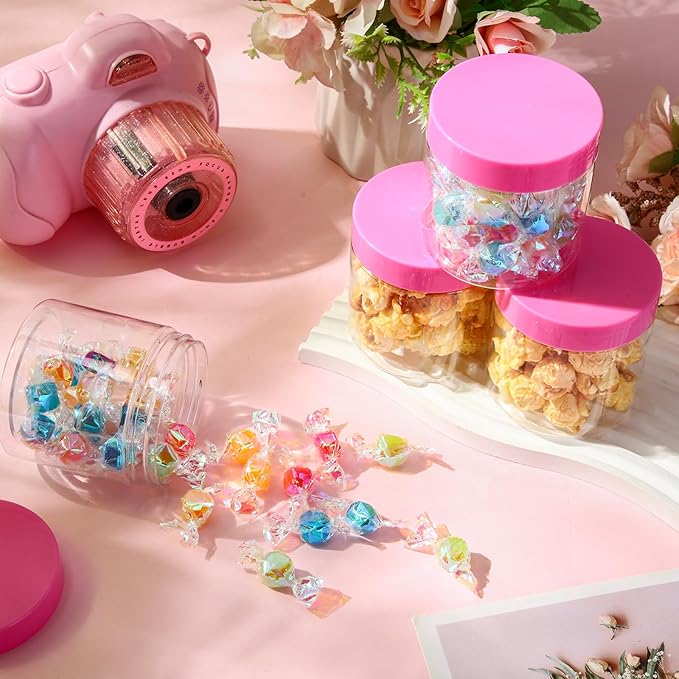 SATINIOR 12 Pack 8 oz Plastic Container Jars with Lids Round Clear Travel Cosmetic Container Slime Jars for Toiletries, Lotion, Cream, Ointments, Makeup, Rhinestone, Samples, Kitchen Storage(Pink)