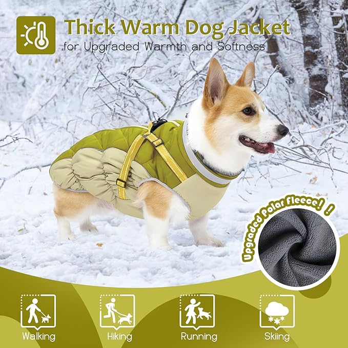 Abuandi Dog Winter Coat with Harness, Dog Jacket, Pet Clothes with Zipper on Back, Waterproof Windproof Warm Vest, Reflective Cold Weather Coats, for Small Medium Large Dogs, Thick, Green, L