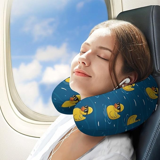 Chin Supporting U-Shaped Neck Pillow Memory Foam Travel, Cool Sunglasses Funny Yellow Rubber Duck Navy Blue U-Shape, Office Home Airplane Comfort