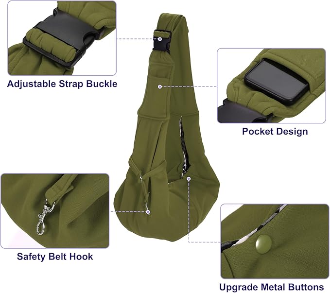 PETAXCELL Dog and Cat Sling Carrier Up to 16.5 Lbs, Hand-Free Reversible Pet Sling Carrier with Adjustable Strap and Pocket, (Army Green, 1 Pcs) Intended for Hiking/Camping/Traveling