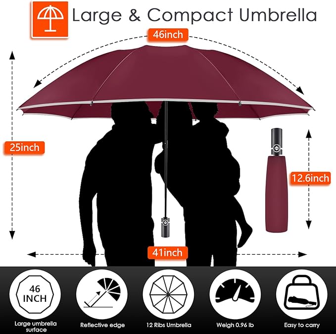 Bodyguard Inverted Umbrella - Large Windproof for Rain & Sun, Compact Reverse With Reflective Stripe, Teflon-Coated for Women Men, Travel Folding With Cover Bag