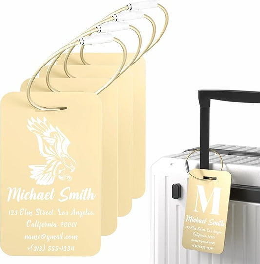 4 PCS Personalized Luggage Tags for Suitcase, Custom Engraved Aluminum Luggage Tags with Your Personalized Text Logo, Metal Name Tags with Steel Loop for Bag, Suitcase, Backpack (Gold, Large)