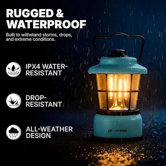 LUXPRO Retro LED Lantern - Battery-Powered Emergency Lantern - Water Resistant - Bright LED Lamp for Indoor & Outdoor Use - Use for Tents, Hiking or Hurricane Prep (Blue, Pack of 1)