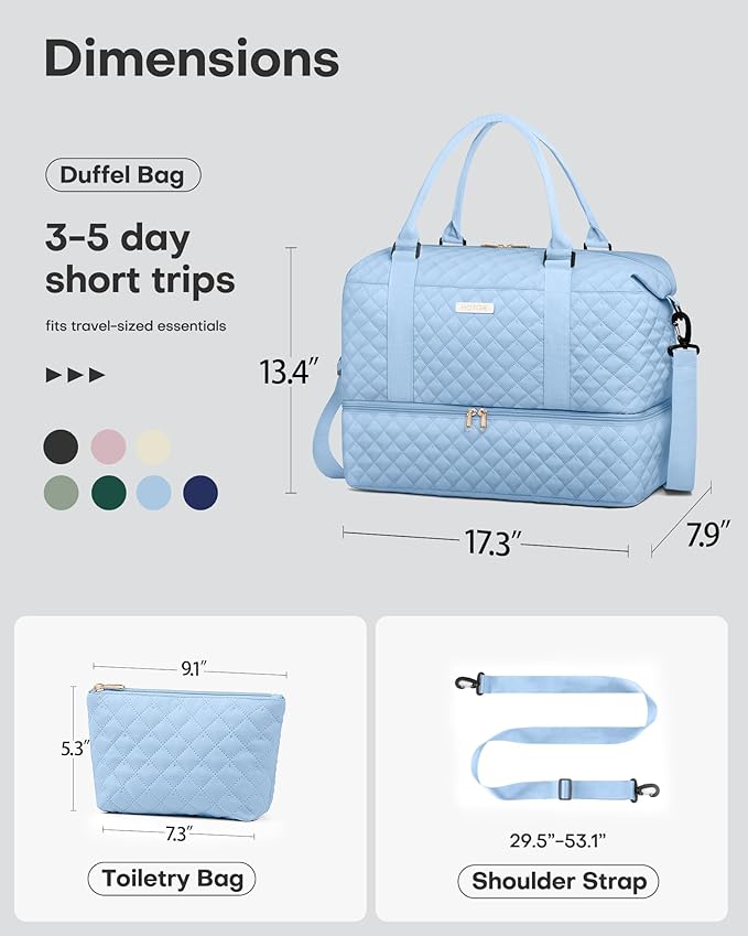 HOTOR Travel Duffel Bag - Weekender Bags for Women, Carry On Overnight Bag with Shoe Compartment, with Toiletry Bag for Travel Essentials and Travel Accessories, Blue, 13.4"×17.3"×7.9"