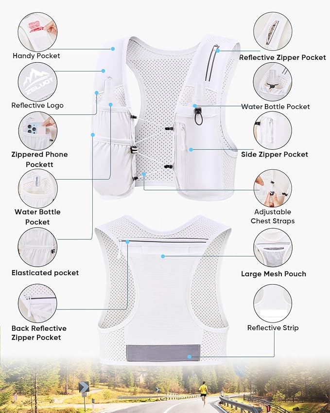 Running Vest for Women Men, USA Original Patent, Adjustable Chest Straps Running Hydration Vest with 500ml Soft Flask, Lightweight Reflective Hydration Backpack for Marathon