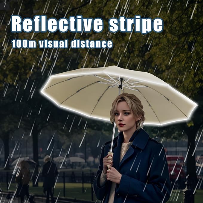 Large Windproof Travel Umbrella, Portable Reverse Folding Car Umbrella, Compact Inverted Design with Waterproof Canopy, Automatic, 10 Durable Ribs, 45.6/13 Inch, Fits Backpack