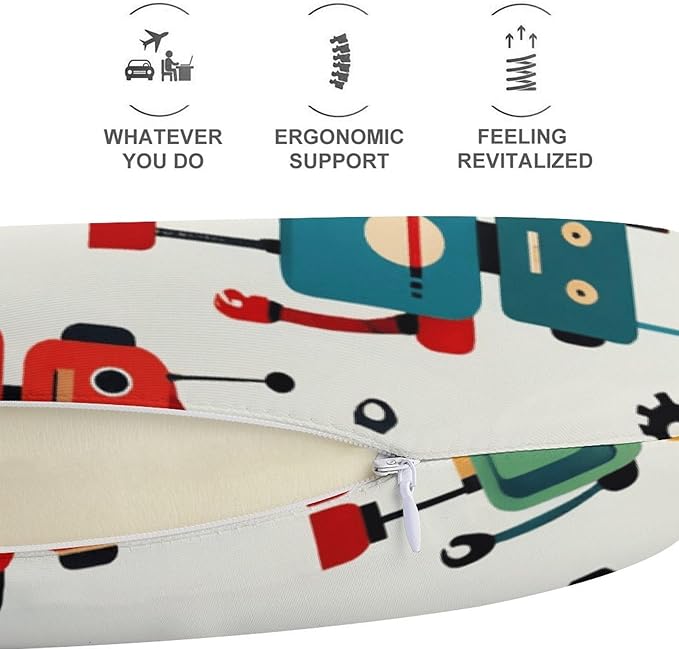Chin Supporting U-Shaped Neck Pillow Memory Foam Travel, Robots On Gray U-Shape, Office Home Airplane Comfort