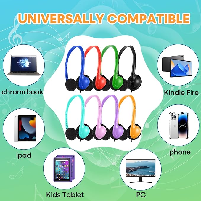 100 Pack Bulk Headphones for Classroom School Kids, Wholesale Class Set Durable Headset for Student Boys Girls Adults, Wired Earphones with 3.5mm Jack for Computer Chromebook (HY857,100 Mixed)