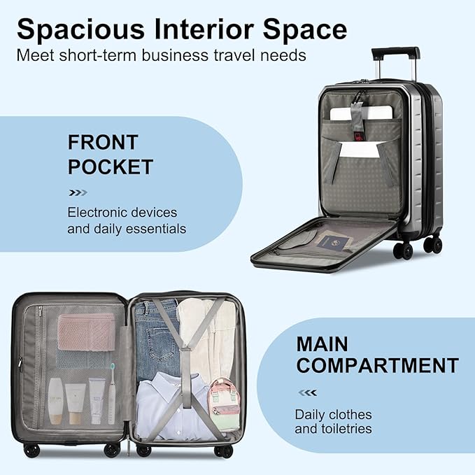 Expandable Carry On Luggage Airline Approved, 20 Inch Lightweight ABS+PC Hard Shell Suitcases with Front Pocket, Spinner Wheels, TSA Lock (Dark Gray, 1PC)