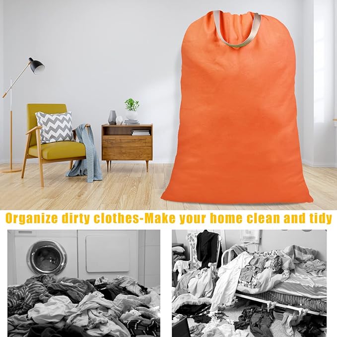 Cotton Canvas Laundry Bag with Handles & Drawstring Straps, Heavy Duty Extra Large Laundry Bags for Laundromat and Household, 25.5x34 Inch, Orange