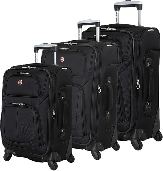 SwissGear Sion 3-Piece Set, Softside Expandable Luggage – 21 Inch Carry-On & 25 & 29 Inch Checked Suitcases with 360 Degree Wheels & Retractable Handles – Black