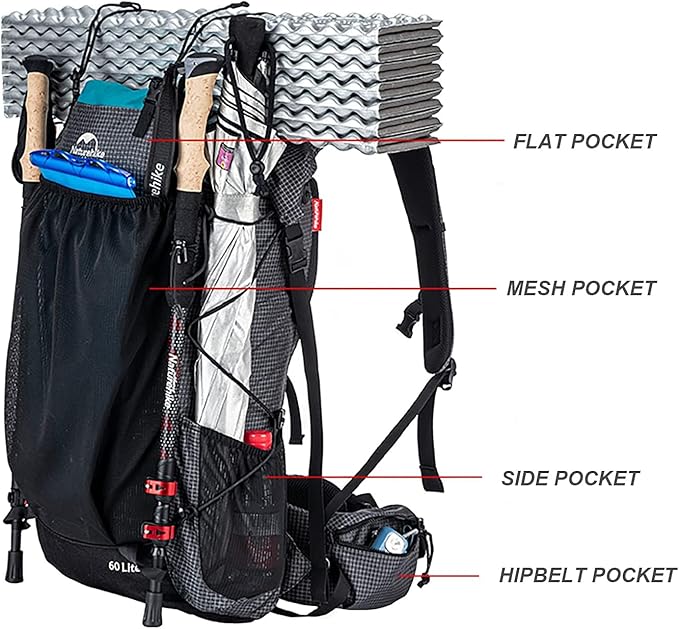 Naturehike Hiking Camping Backpack 45L/65L Lightweight Internal Frame with Rain Cover for Backpacking Outdoor Sports ((60+5) L Black, (60+5) L)