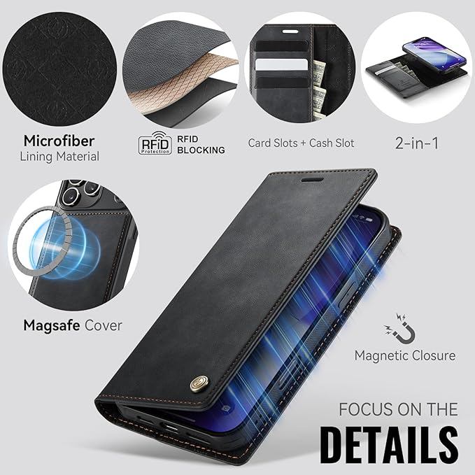 PlusnapX Wallet Case for iPhone 17 Pro Compatible with Magsafe, 2-in-1 PU Leather Flip RFID Blocking Card Holder Stand Shockproof Magnetic Detachable Cover for iPhone 17 Pro Case 6.3", Black