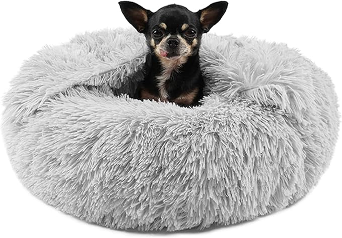 Himax Dog Beds for Small Dogs, Donut Dogs Bed with Blanket Attached, Calming Dog Bed Washable (20"/26"/35") Light Grey for Puppy