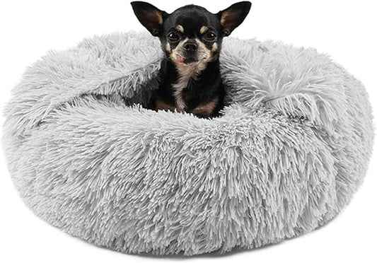 Himax Dog Beds for Small Dogs, Donut Dogs Bed with Blanket Attached, Calming Dog Bed Washable (20"/26"/35") Light Grey for Puppy
