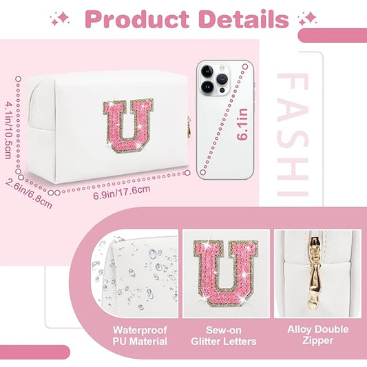 Small Initial Patch Makeup Bag Personalized Gifts Make Up Bag,White Cute PU Leather Glitter Letter Cosmetic Bag with Zipper,Trendy Portable Travel Toiletry Pouch,Preppy Stuff for Teen Girls Women U