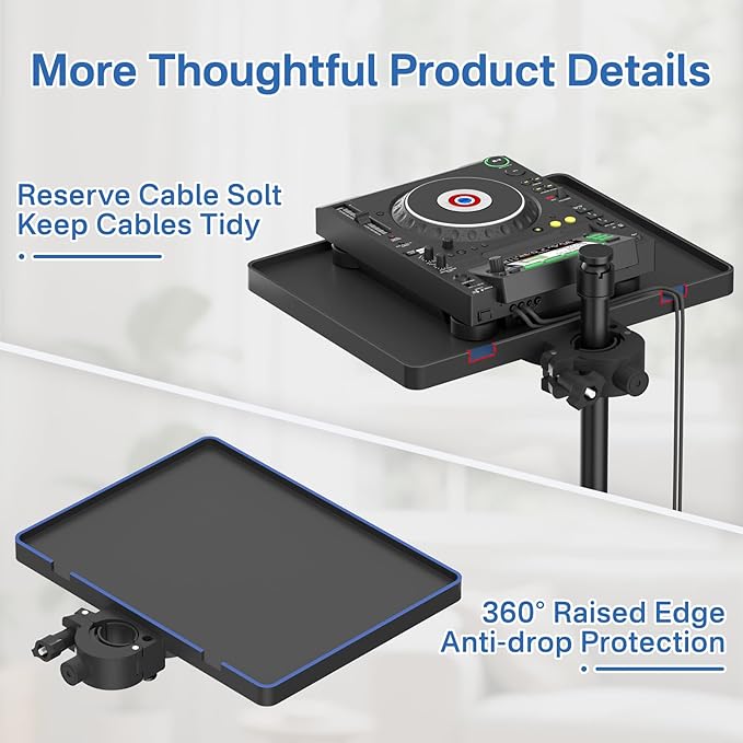 Functional Microphone Stand Tray with Adjustable Mic Stand Phone Holder - 8.7"x6.5" Mic Stand Tray Shelf Clamp-On Music Stand Accessory for Live Streaming Karaoke Recording