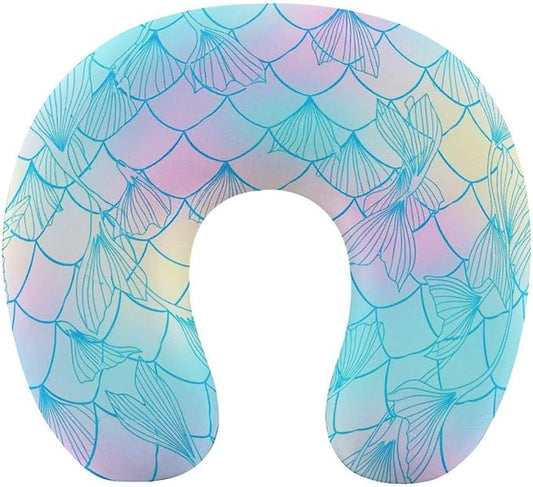 Travel Neck Pillow Memory Foam U Shaped Cushion Colourful Fish Scale Magic Mermaid Tail, Washable Cover for Airplane Car Office Home Sleeping Pain Relief